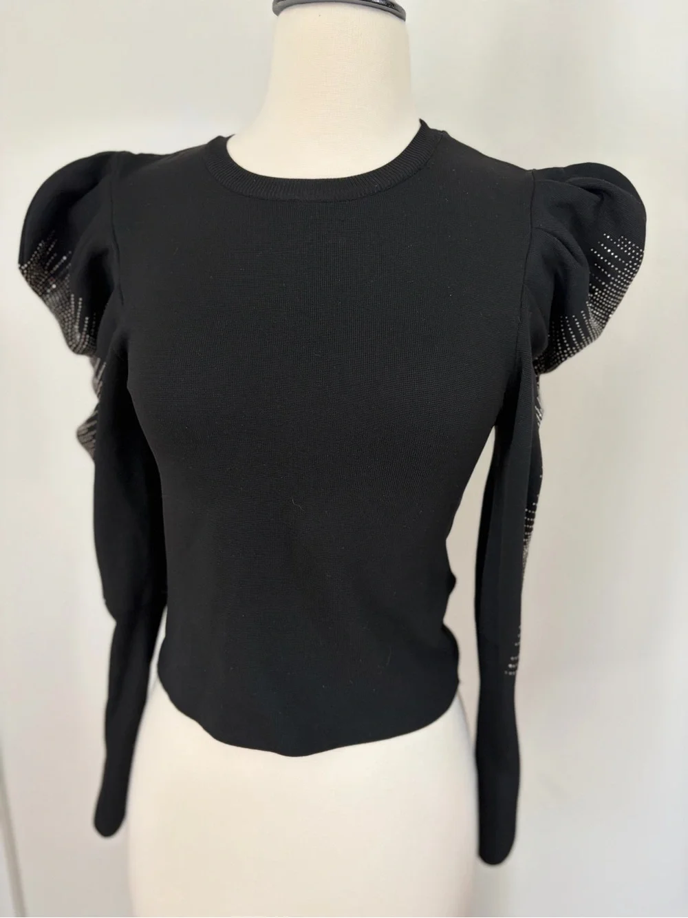 Zara Black Puff Sleeve Crop knit Top sweater with gunmetal stone Details medium
